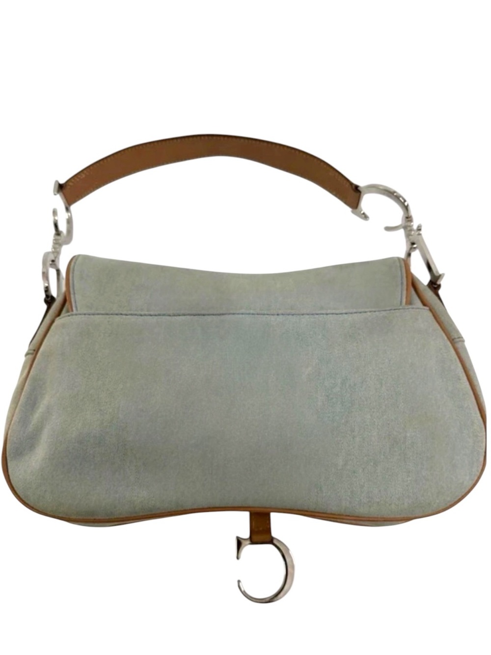 Auth DIOR Light Blue fabric double Saddle Bag Tan leather Trim vintage Silver - Picture 8 of 14